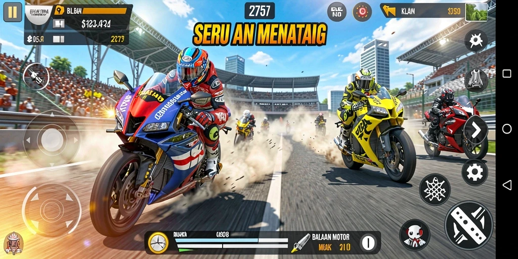 Screenshot gameplay menunjukkan aksi balapan motor yang mendebarkan.