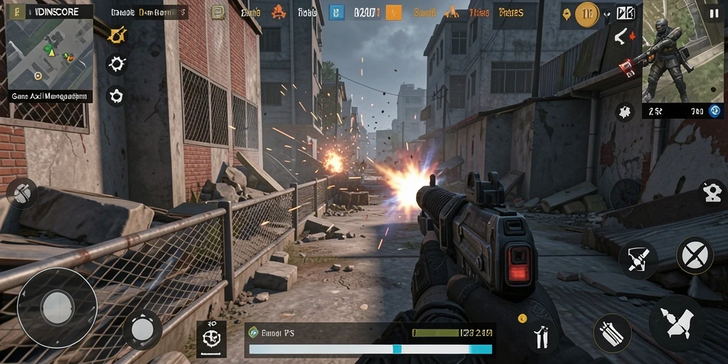 Screenshot gameplay IDNSCORE menunjukkan pertempuran TPS yang mendebarkan.