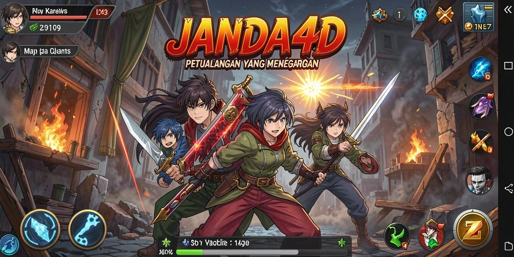 Screenshot permainan JANDA4D dengan karakter Anime yang dinamis.