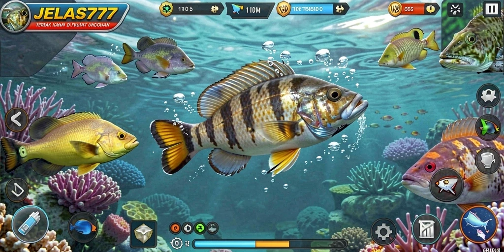 Tampilan gameplay seru Tembak Ikan JELAS777.