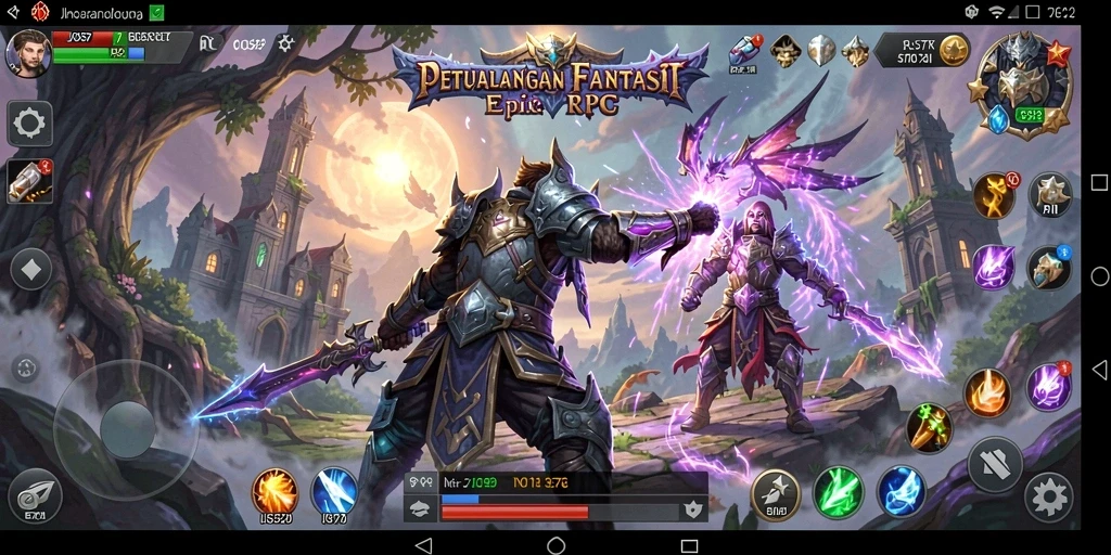 Screenshot gameplay JOS77 menampilkan aksi pertempuran yang intens dan dunia fantasi yang kaya.