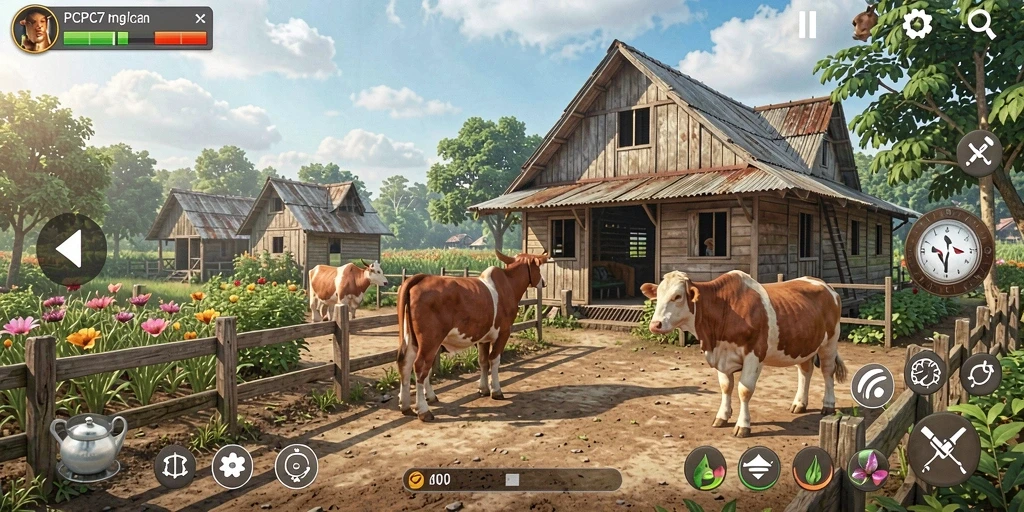 Screenshot gameplay PCPC7 menunjukkan suasana peternakan yang indah dan interaksi seru.