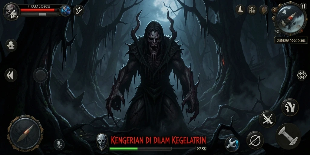 Tangkapan layar gameplay RP55 menampilkan karakter menjelajahi lingkungan gelap dan menakutkan.