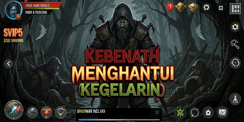 Screenshot gameplay SVIP5 menampilkan suasana menyeramkan dan karakter misterius.