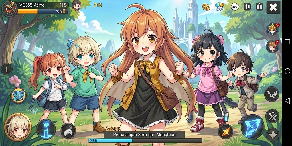 Tangkapan layar gameplay VC55 menampilkan karakter Anime beraksi dalam pertempuran yang seru.