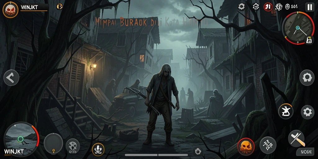Screenshot gameplay WINJKT menampilkan suasana menegangkan dan karakter menyeramkan.