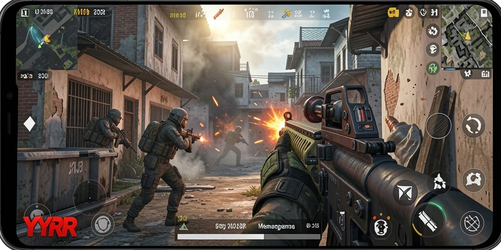 Screenshot menampilkan aksi intens dalam pertempuran FPS YYRR.